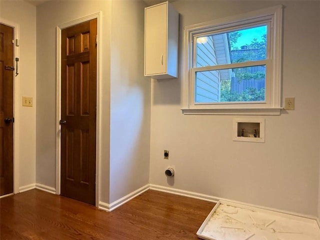8710 Mount Rushmore Dr, Johns Creek, GA 30022 - washroom featuring dark wood-style floors, hookup for a washing machine, baseboards, cabinet space, and electric dryer hookup