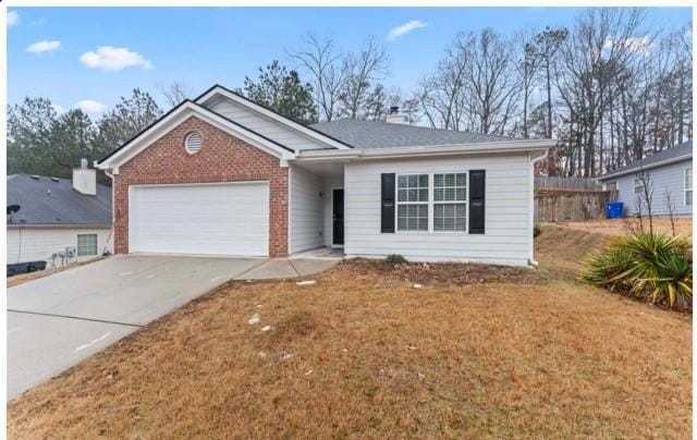 10231 Deep Creek Pl, Union City, GA 30291 - ranch-style house with a garage, driveway, brick siding, a front yard, and a chimney
