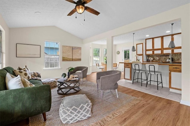 35 Lady Morgan Ln, Dallas, GA 30157 - living area featuring wood finished floors, a ceiling fan, lofted ceiling, and recessed lighting