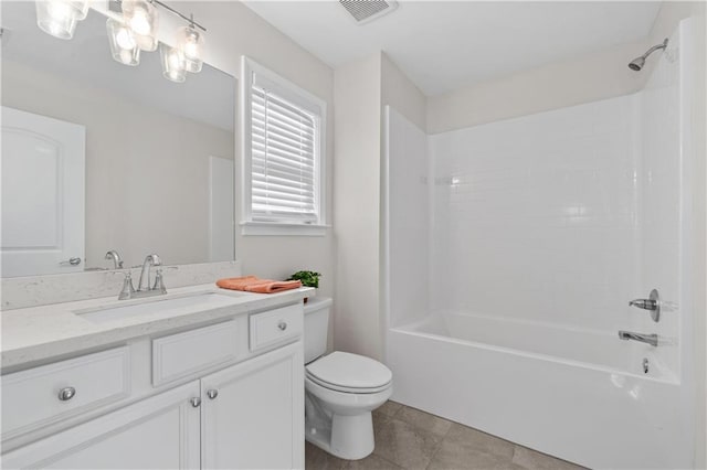 full bathroom with toilet, shower / bathtub combination, tile patterned floors, and vanity