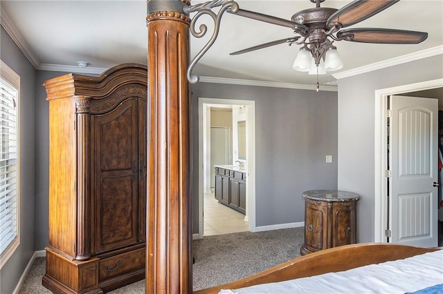 3013 Nicholas Dr, Villa Rica, GA 30180 - bedroom with light colored carpet, baseboards, crown molding, light tile patterned floors, and ensuite bathroom