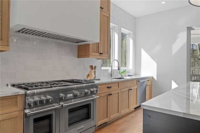 kitchen featuring stainless steel appliances, premium range hood, a sink, tasteful backsplash, and light wood-style floors
