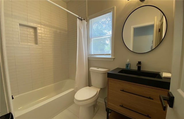 bathroom with tile patterned floors, toilet, shower / bath combo, and vanity