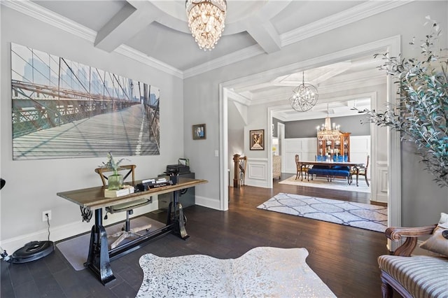 3111 Old Thompson Mill Rd, Buford, GA 30519 - office area with a chandelier, coffered ceiling, hardwood / wood-style flooring, beam ceiling, and ornamental molding