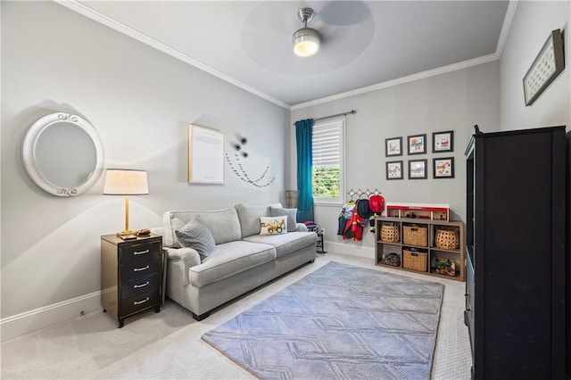 3111 Old Thompson Mill Rd, Buford, GA 30519 - living room featuring light colored carpet, crown molding, baseboards, and a ceiling fan