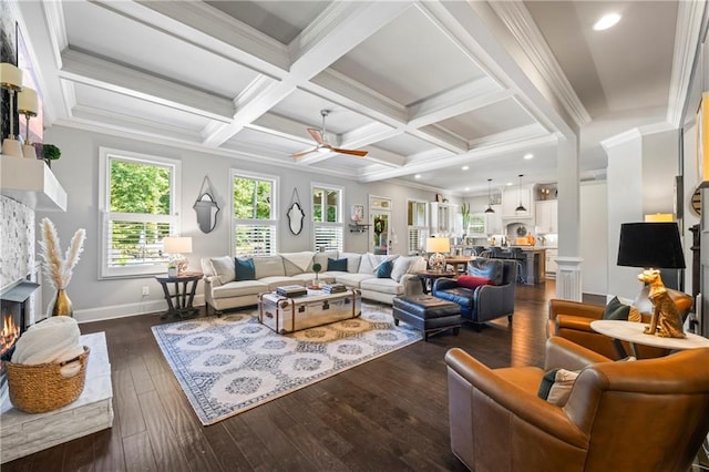 3111 Old Thompson Mill Rd, Buford, GA 30519 - living area with a fireplace, dark wood-type flooring, ceiling fan, beamed ceiling, and coffered ceiling