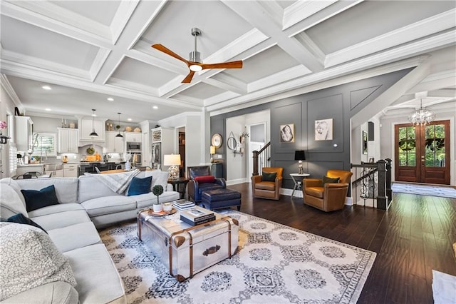 3111 Old Thompson Mill Rd, Buford, GA 30519 - living area featuring ceiling fan, dark wood finished floors, a chandelier, recessed lighting, and stairway