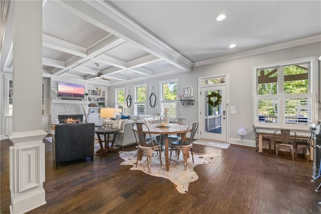 3111 Old Thompson Mill Rd, Buford, GA 30519 - dining space featuring dark wood-type flooring, plenty of natural light, a ceiling fan, beam ceiling, and recessed lighting