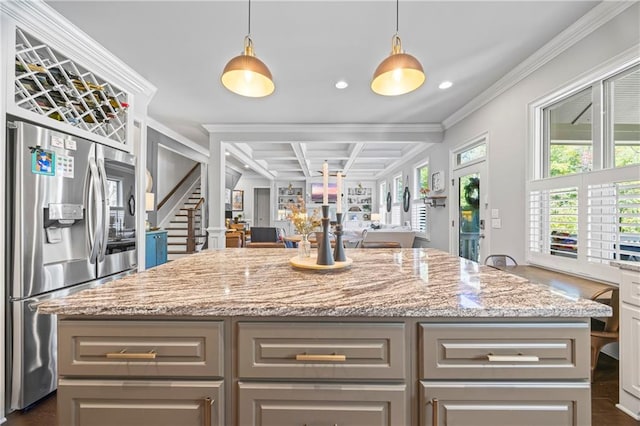 3111 Old Thompson Mill Rd, Buford, GA 30519 - kitchen featuring stainless steel fridge with ice dispenser, coffered ceiling, recessed lighting, beamed ceiling, and a kitchen island