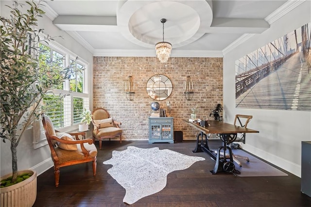 3111 Old Thompson Mill Rd, Buford, GA 30519 - office area featuring wood-type flooring, baseboards, brick wall, beamed ceiling, and a chandelier