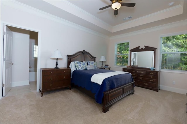 bedroom with crown molding, light colored carpet, multiple windows, and ceiling fan