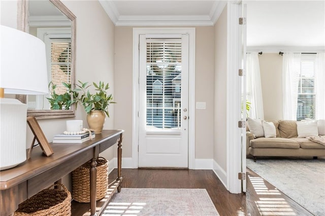 doorway to outside featuring dark wood-type flooring and crown molding