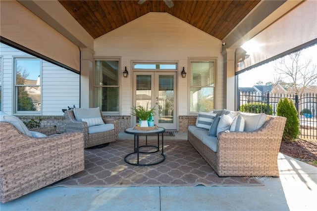 view of patio featuring an outdoor living space and french doors