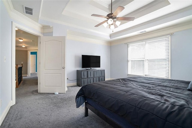 3641 Mountain Cove Rd, Snellville, GA 30039 - carpeted bedroom with a tray ceiling, ornamental molding, baseboards, and ceiling fan