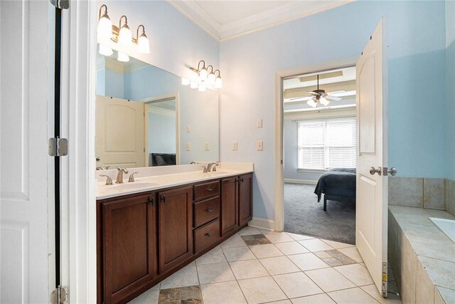 3641 Mountain Cove Rd, Snellville, GA 30039 - full bath featuring connected bathroom, ornamental molding, double vanity, tile patterned floors, and a ceiling fan