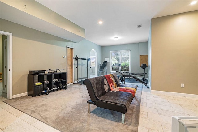 3641 Mountain Cove Rd, Snellville, GA 30039 - exercise room featuring recessed lighting, baseboards, tile patterned flooring, and carpet floors