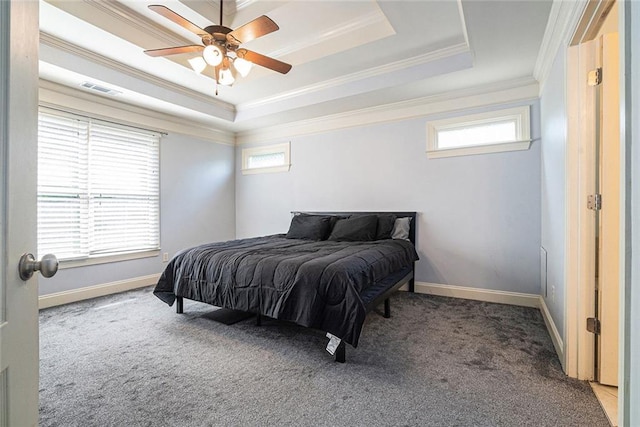 3641 Mountain Cove Rd, Snellville, GA 30039 - bedroom with carpet floors, multiple windows, ornamental molding, a tray ceiling, and baseboards