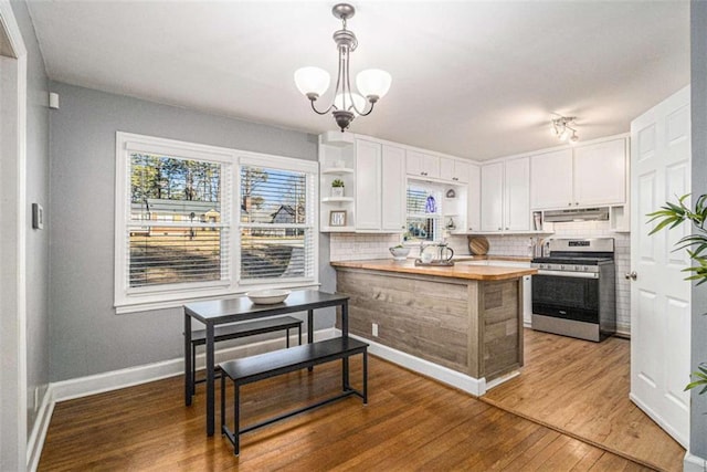 kitchen featuring under cabinet range hood, butcher block countertops, wood finished floors, backsplash, and stainless steel range with electric stovetop