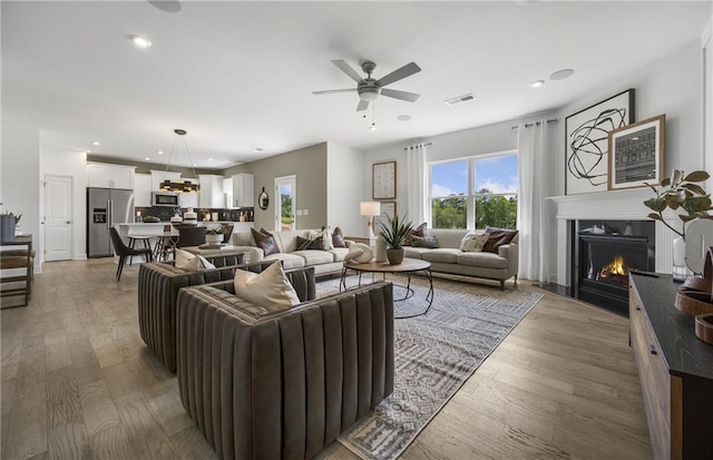 living room with ceiling fan and hardwood / wood-style flooring