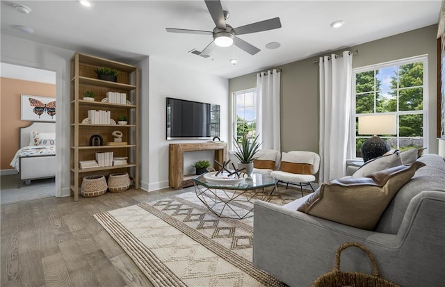 living room with ceiling fan and wood-type flooring