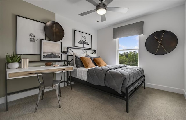 bedroom with ceiling fan and light carpet