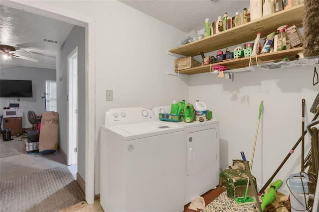 652 Post Oak Rd, Jonesboro, GA 30238 - washroom with separate washer and dryer, a ceiling fan, and a textured ceiling