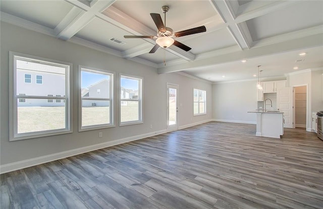 unfurnished living room featuring beamed ceiling, ceiling fan, coffered ceiling, and dark hardwood / wood-style floors