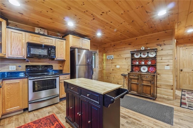 kitchen featuring light hardwood / wood-style floors, wooden walls, stainless steel appliances, and wood ceiling