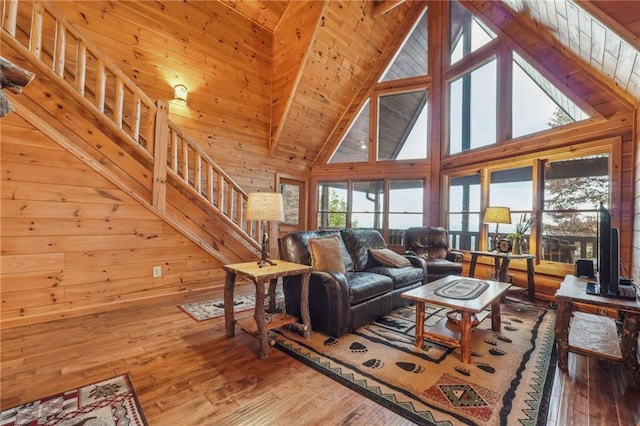 living room featuring high vaulted ceiling, wood-type flooring, and wood ceiling