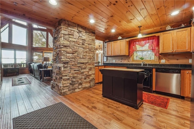 kitchen featuring stainless steel dishwasher, hanging light fixtures, wooden ceiling, light hardwood / wood-style flooring, and an inviting chandelier