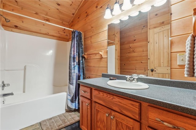 bathroom featuring wooden ceiling, vanity, wooden walls, and shower / bathtub combination with curtain