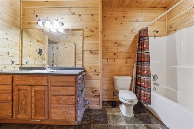 full bathroom featuring shower / bathtub combination with curtain, toilet, vanity, wooden walls, and tile floors