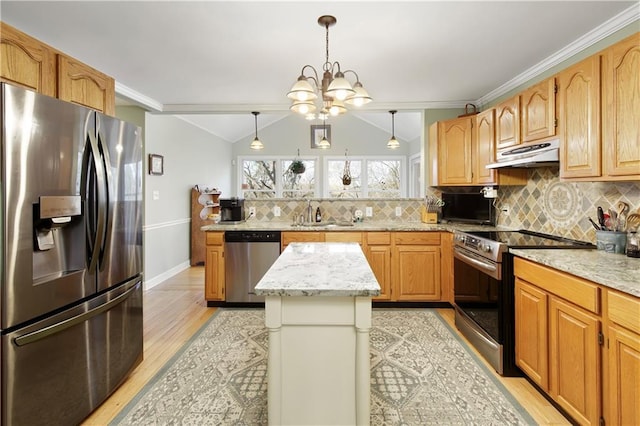 kitchen with sink, stainless steel appliances, a center island, decorative backsplash, and decorative light fixtures