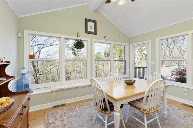 sunroom / solarium with vaulted ceiling with beams and ceiling fan