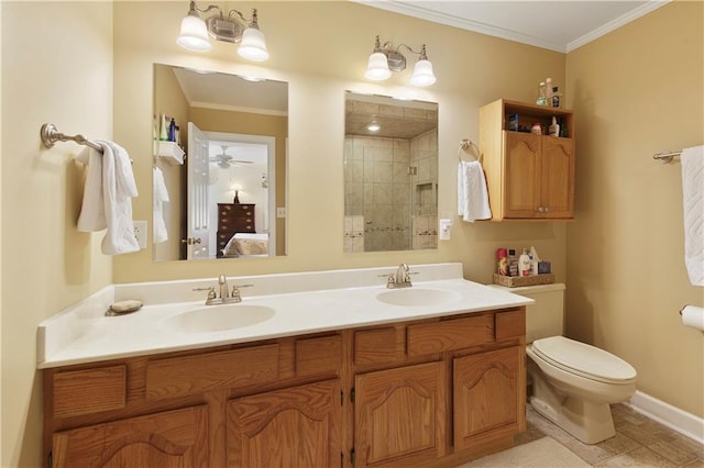 bathroom featuring vanity, crown molding, a shower, and toilet