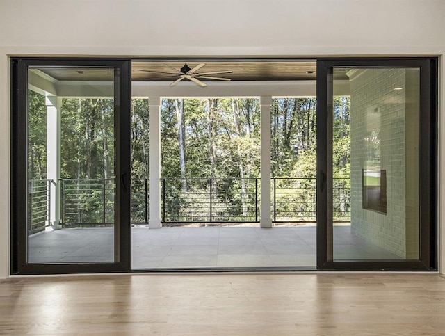 doorway featuring light hardwood / wood-style flooring, ceiling fan, and plenty of natural light