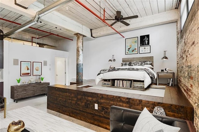 bedroom with wooden ceiling and ceiling fan