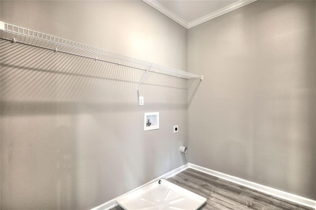 washroom featuring washer hookup, hookup for an electric dryer, wood finished floors, ornamental molding, and baseboards