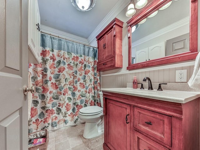 bathroom with crown molding, vanity, toilet, and curtained shower