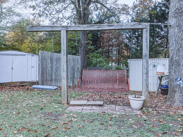 exterior space with a shed