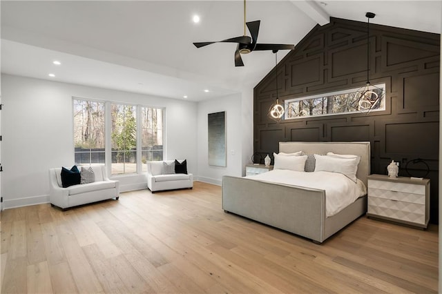 bedroom with beam ceiling, light hardwood / wood-style flooring, high vaulted ceiling, and ceiling fan