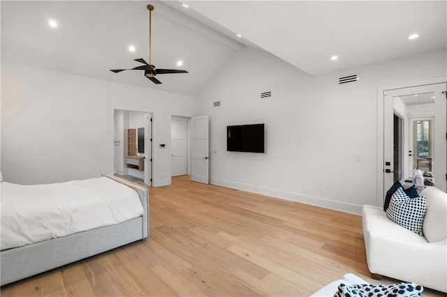 bedroom featuring beam ceiling, ceiling fan, high vaulted ceiling, and light hardwood / wood-style floors