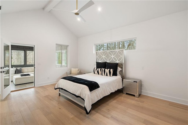 bedroom featuring ceiling fan, high vaulted ceiling, beam ceiling, and light hardwood / wood-style flooring