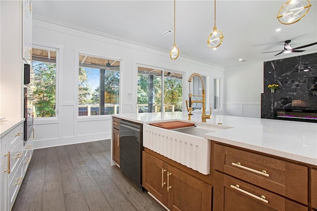 kitchen featuring dishwasher, pendant lighting, ornamental molding, and plenty of natural light