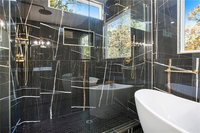 bathroom with a wealth of natural light and separate shower and tub