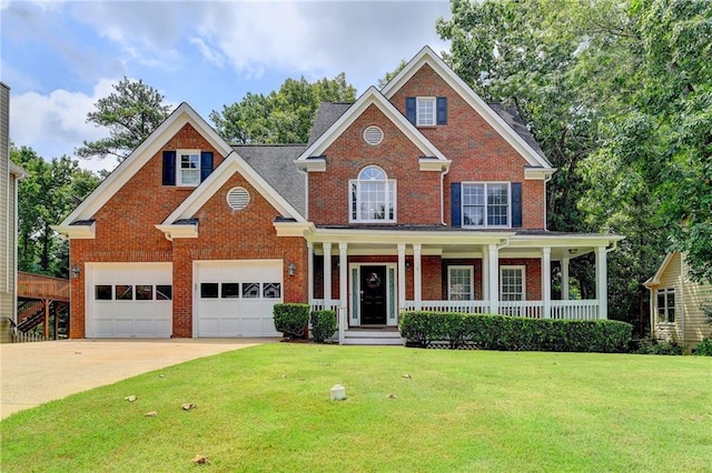 craftsman inspired home with a garage, a porch, and a front lawn