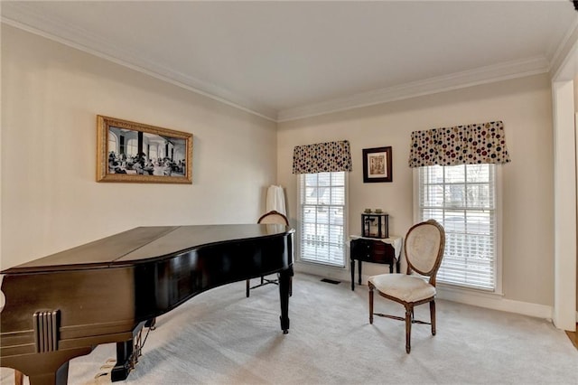 living area with crown molding and light colored carpet