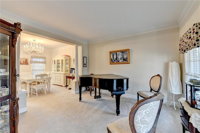 living area featuring ornamental molding, light carpet, and a notable chandelier