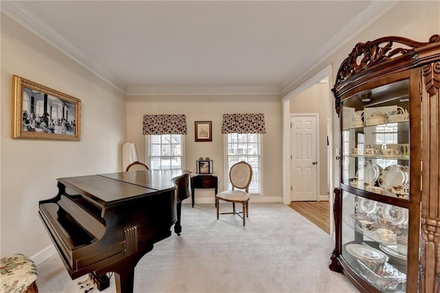 misc room featuring ornamental molding and light colored carpet