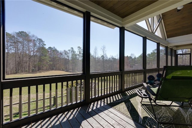 sunroom / solarium with lofted ceiling and wood ceiling